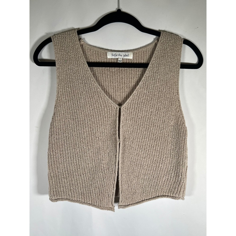 Sofie the Label Womens Knit Sweater Vest Tan Oatmeal V-Neck Cropped S1233T Small